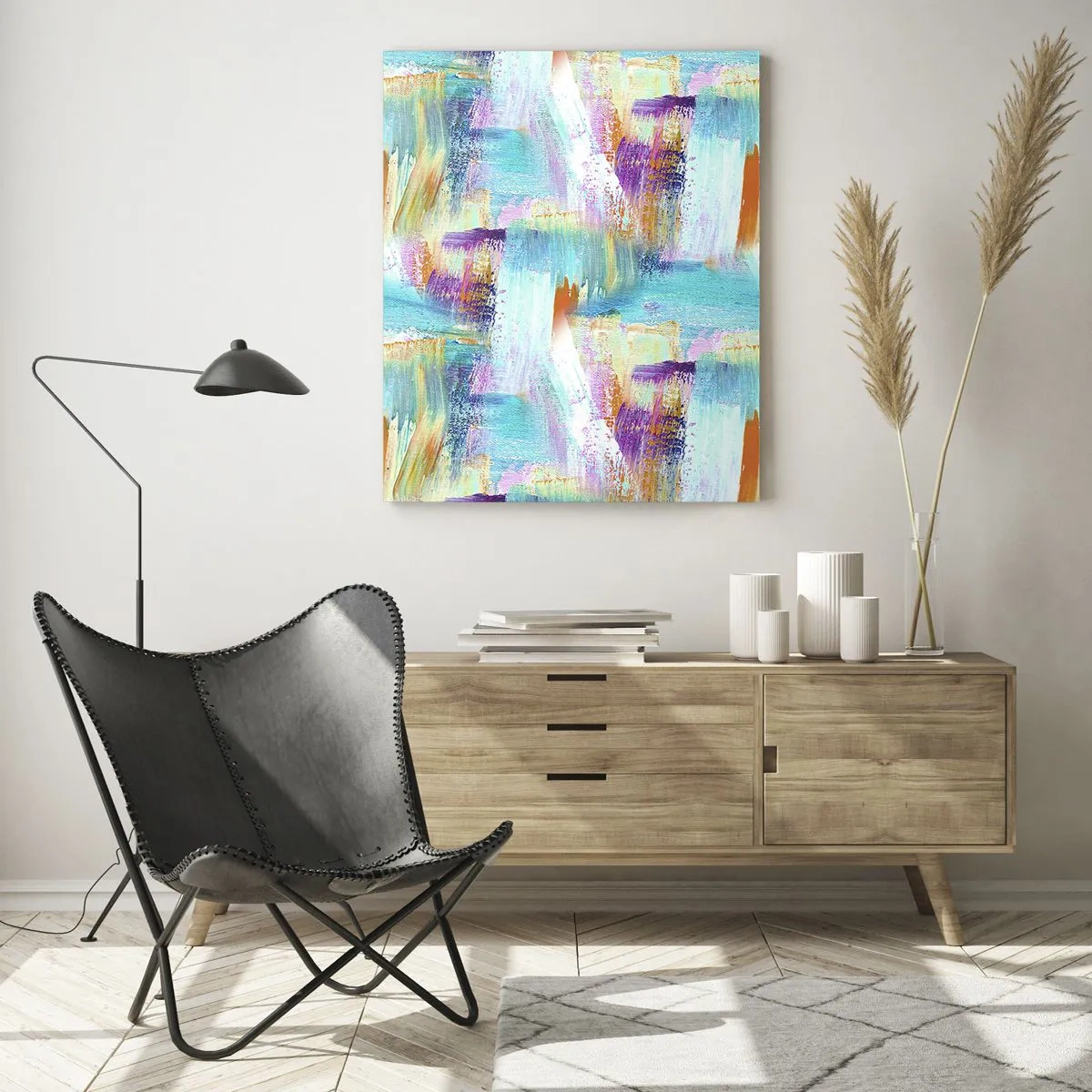 Obraz na szkle - Kolorowa abstrakcja z pociągnięciami pędzla w pastelowych i żywych barwach - 50x70cm - Pogodny mazaniec-przekładaniec - Nowoczesna dekoracja ścienna do salonu, kuchni i sypialni ARTTOR