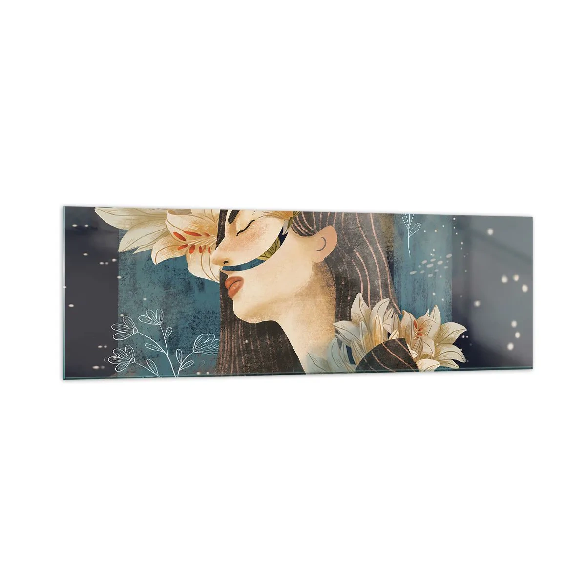 Obraz na szkle - Portret kobiety z kwiatami w artystycznym stylu na ciemnym tle - 160x50cm - Baśń o królewnie z liliami - Nowoczesna dekoracja ścienna do salonu i sypialni ARTTOR