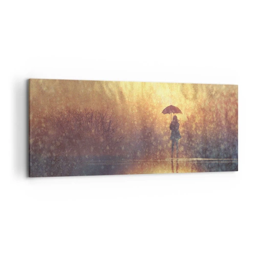 Obraz na płótnie - Postać z parasolem w mglistym krajobrazie pełnym refleksji - 120x50cm - Czuję, że ktoś na mnie patrzy - Nowoczesna dekoracja ścienna do salonu i sypialni ARTTOR