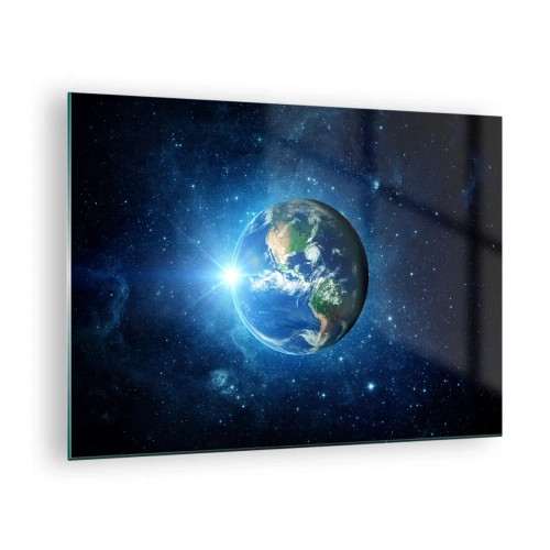 Obraz na szkle - Ziemia widziana z kosmosu z promieniami światła - 70x50cm - Jesteśmy w niebie - Nowoczesna dekoracja ścienna do salonu i sypialni ARTTOR
