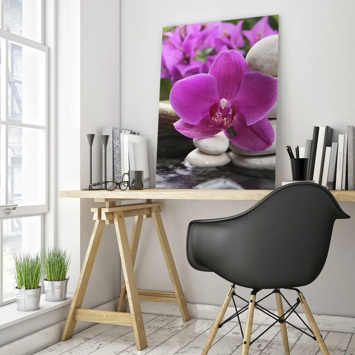Obraz na szkle - Fioletowa orchidea, kamienie i bambusowy wodospad - 50x70cm - Już odpoczywasz - Nowoczesna dekoracja ścienna do salonu, kuchni i sypialni ARTTOR