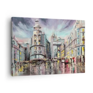 Obraz na płótnie - Wieczorny widok na miasto z odbiciami na mokrej ulicy - 70x50cm - To będzie udany wieczór - Nowoczesna dekoracja ścienna do salonu i sypialni ARTTOR