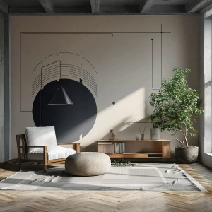 Fototapeta Standard Eco - Czarna forma koła z geometrycznymi liniami na beżowym tle - 100x70cm - Sprężysta i dynamiczna kompozycja - Nowoczesna dekoracja ścienna do salonu i sypialni ARTTOR