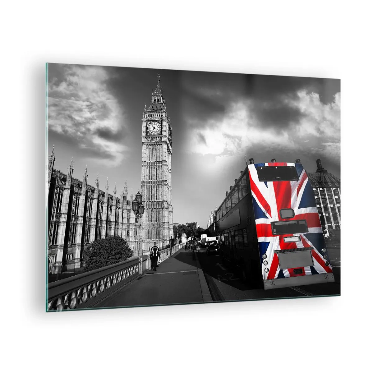 Obraz na szkle - Big Ben i autobus z flagą Wielkiej Brytanii - 70x50cm - Dumna i wielka - Nowoczesna dekoracja ścienna do salonu i sypialni ARTTOR
