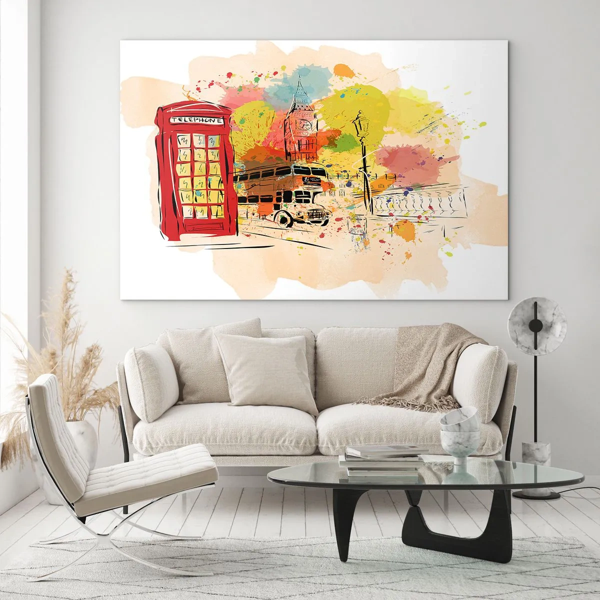 Obraz na szkle - Czerwona budka telefoniczna, piętrowy autobus i Big Ben - 70x50cm - Miasto rozmaitości - Nowoczesna dekoracja ścienna do salonu i sypialni ARTTOR