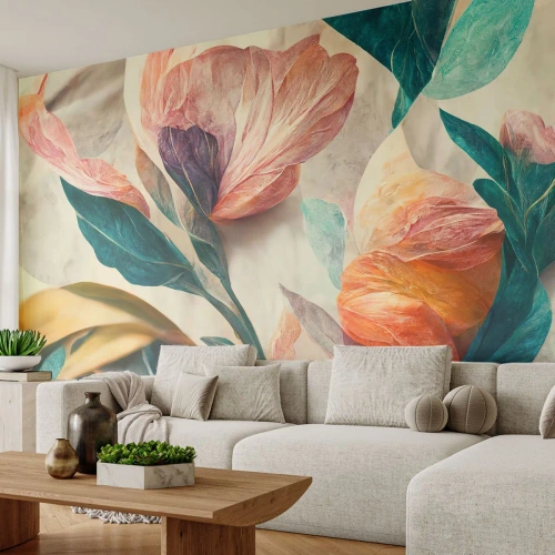 Fototapeta Premium Canvas - Kolorowe kwiaty w tropikalnym stylu na jasnym tle - 100x70cm - Kwiaty wysp południowych - Nowoczesna dekoracja ścienna do salonu i sypialni ARTTOR