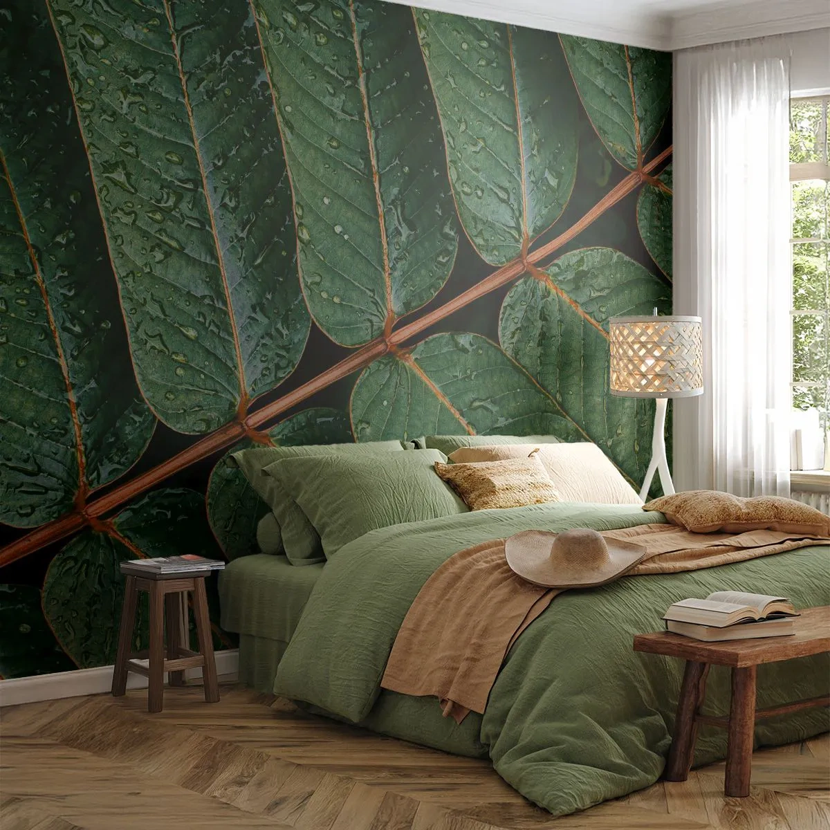 Fototapeta Premium Sand - Zielone liście z kroplami wody w makrofotografii - 100x70cm - W zielonym rytmie - Nowoczesna dekoracja ścienna do salonu, kuchni i sypialni ARTTOR