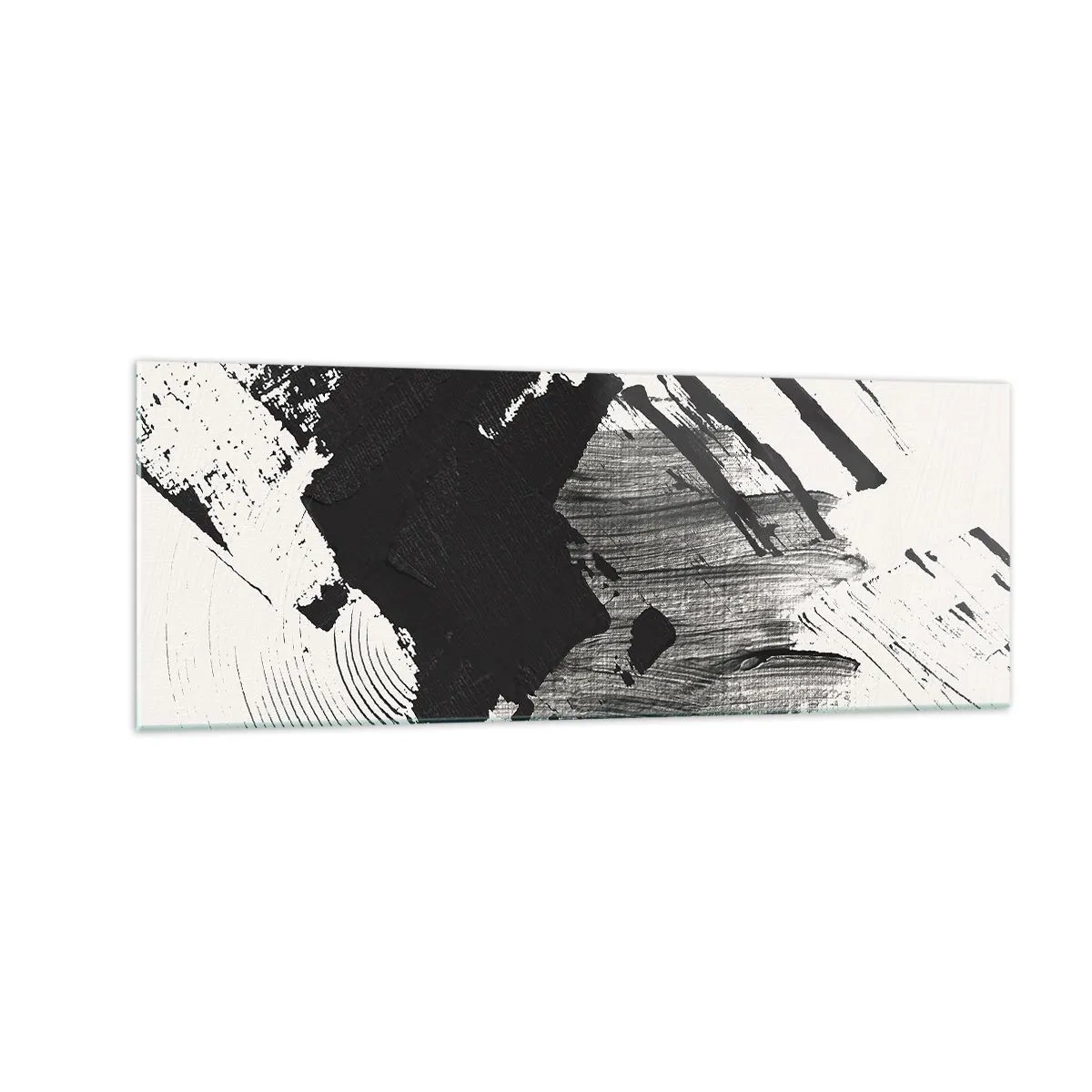 Obraz na szkle - Abstrakcyjne pociągnięcia czerni na białym tle - 140x50cm - Abstrakcja – ekspresja czerni - Nowoczesna dekoracja ścienna do salonu i sypialni ARTTOR