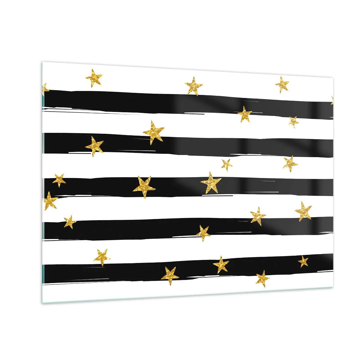 Obraz na szkle - Czarno-białe pasy z złotymi gwiazdkami - 100x70cm - Wszyscy urodziliśmy się pod szczęśliwą gwiazdą - Nowoczesna dekoracja ścienna do salonu, kuchni i sypialni ARTTOR