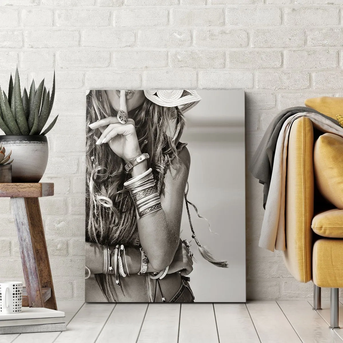 Obraz na płótnie - Portret kobiety w stylu boho z biżuterią - 70x100cm - Jak to dziewczyna - Nowoczesna dekoracja ścienna do salonu i sypialni ARTTOR