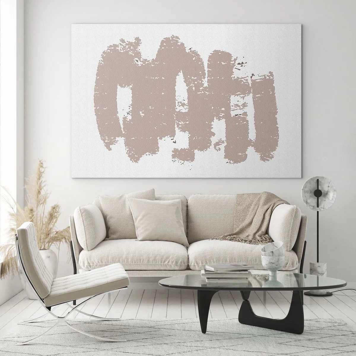 Obraz na szkle - Różowe pociągnięcia farby na białym tle - 100x70cm - Abstrakcja w łagodnym różu - Nowoczesna dekoracja ścienna do salonu, kuchni i sypialni ARTTOR