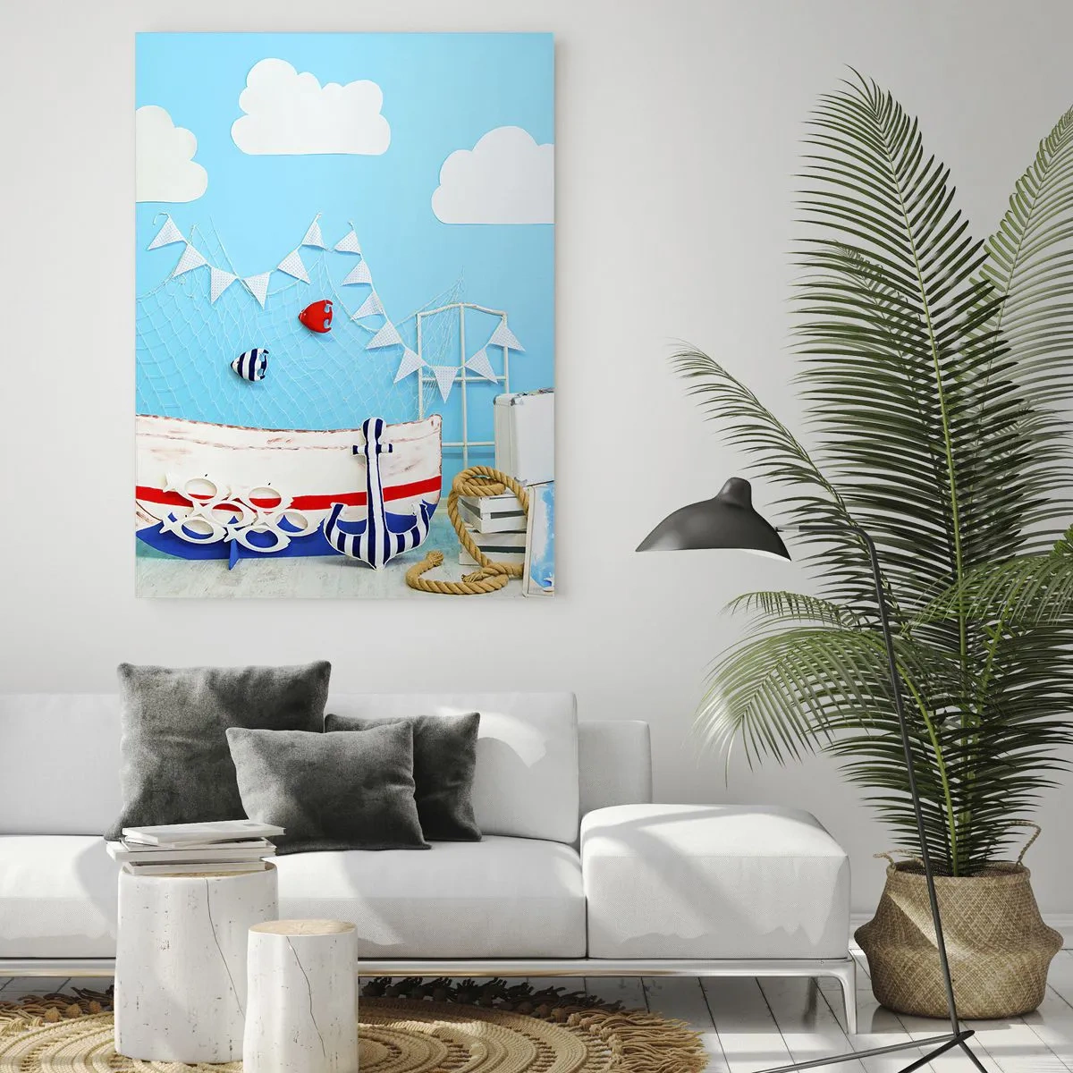 Obraz na szkle - Dekoracyjna scena morska z łódką i rekwizytami marynistycznymi - 50x70cm - Dziecięca tęsknota do przygody - Nowoczesna dekoracja ścienna do salonu, kuchni i sypialni ARTTOR