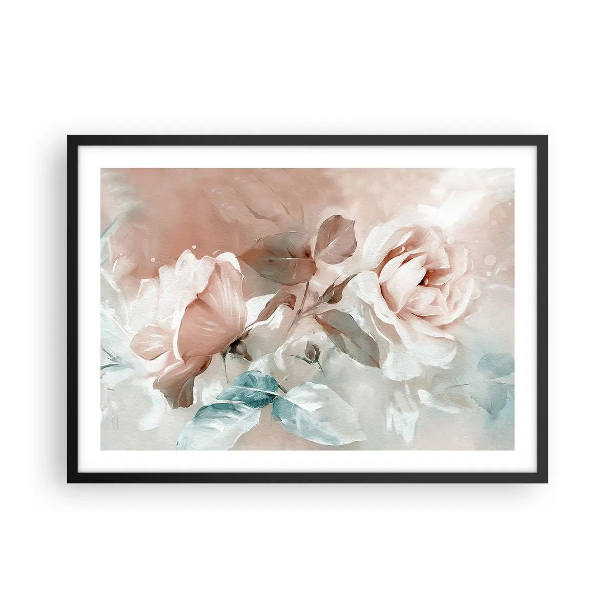 Plakat w czarnej ramie - Delikatne róże w pastelowych odcieniach na jasnym tle - 70x50cm - Duch romantyzmu - Nowoczesna dekoracja ścienna do salonu i sypialni ARTTOR