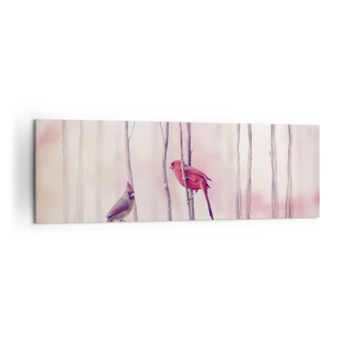 Obraz na płótnie - Para kardynałów na gałęziach w pastelowym krajobrazie - 160x50cm - Opowieść różowego lasu - Nowoczesna dekoracja ścienna do salonu i sypialni ARTTOR