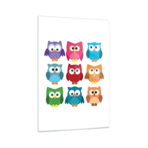 Obraz na szkle - Kolorowe ilustracje sów w dziecięcym stylu - 70x100cm - Różnić można się zabawnie - Nowoczesna dekoracja ścienna do salonu i sypialni ARTTOR