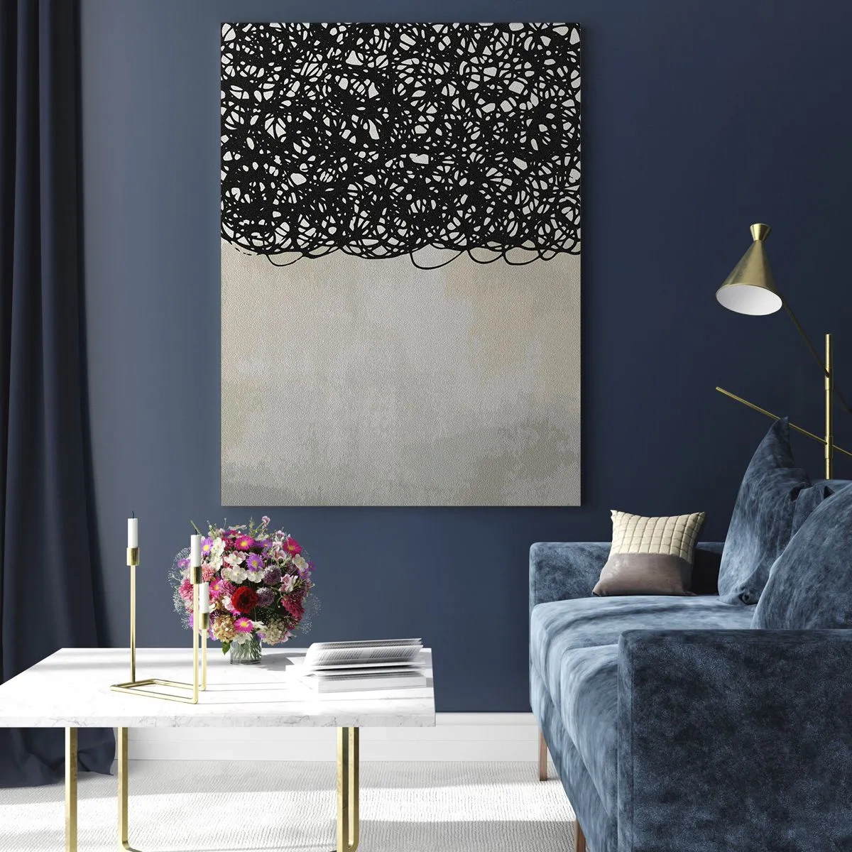 Obraz na szkle - Czarne abstrakcyjne linie na jasnym tle w stylu nowoczesnym - 80x120cm - Abstrakcja skłębiona - Nowoczesna dekoracja ścienna do salonu i sypialni ARTTOR