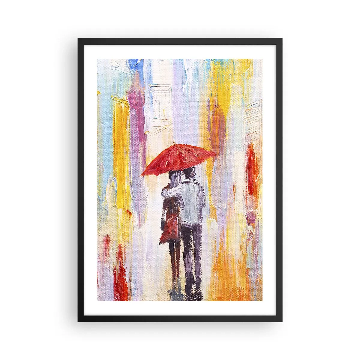 Plakat w czarnej ramie - Romantyczna scena z parą pod czerwoną parasolką na tle miasta - 50x70cm - Niech pada dalej - Nowoczesna dekoracja ścienna do salonu i sypialni ARTTOR
