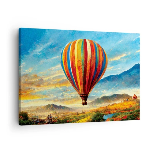 Obraz na płótnie - Kolorowy balon nad malowniczym krajobrazem - 70x50cm - W ciszy widać więcej - Nowoczesna dekoracja ścienna do salonu i sypialni ARTTOR