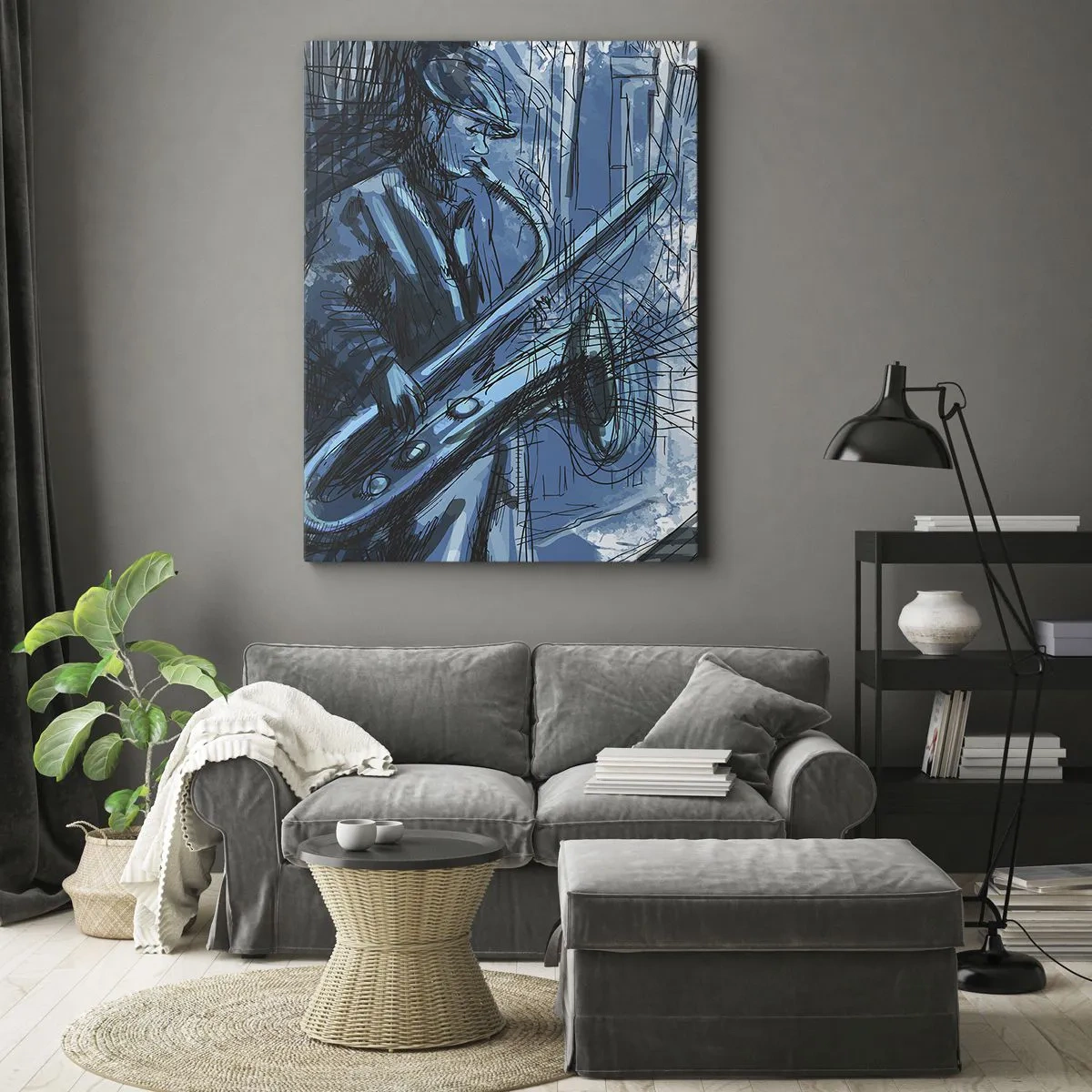 Obraz na płótnie - Muzyk grający na saksofonie w miejskim otoczeniu - 50x70cm - Miejska rapsodia - Nowoczesna dekoracja ścienna do salonu, kuchni i sypialni ARTTOR
