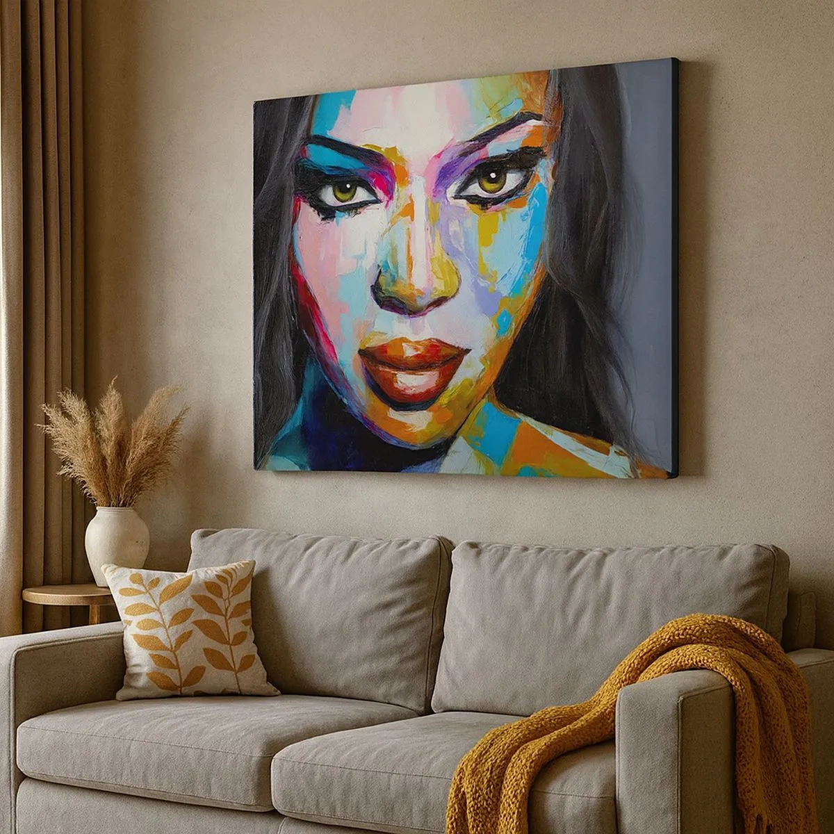 Obraz na płótnie - Kolorowy portret kobiety z intensywnym spojrzeniem - 70x50cm - Nie sposób oderwac oczu - Nowoczesna dekoracja ścienna do salonu i sypialni ARTTOR