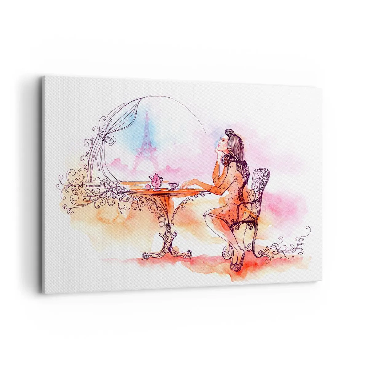 Obraz na płótnie - Romantyczna akwarela kobiety w kawiarni z widokiem na wieżę - 100x70cm - Paryski szyk - Nowoczesna dekoracja ścienna do salonu, kuchni i sypialni ARTTOR