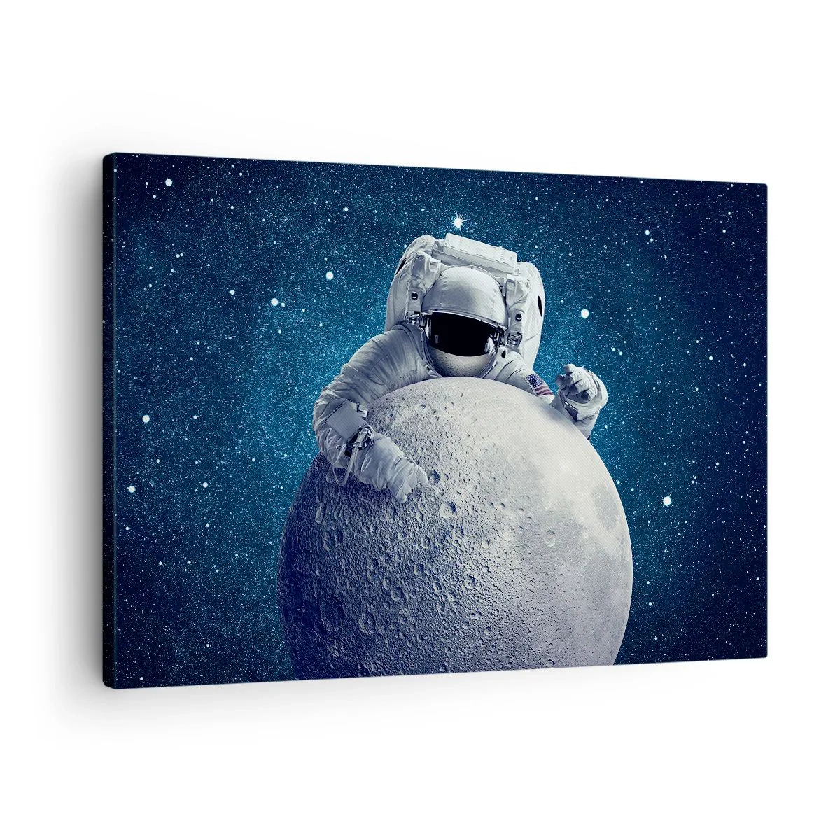 Obraz na płótnie - Astronauta trzymający księżyc na tle rozgwieżdżonego nieba - 70x50cm - Kosmiczny żartowniś - Nowoczesna dekoracja ścienna do salonu i sypialni ARTTOR