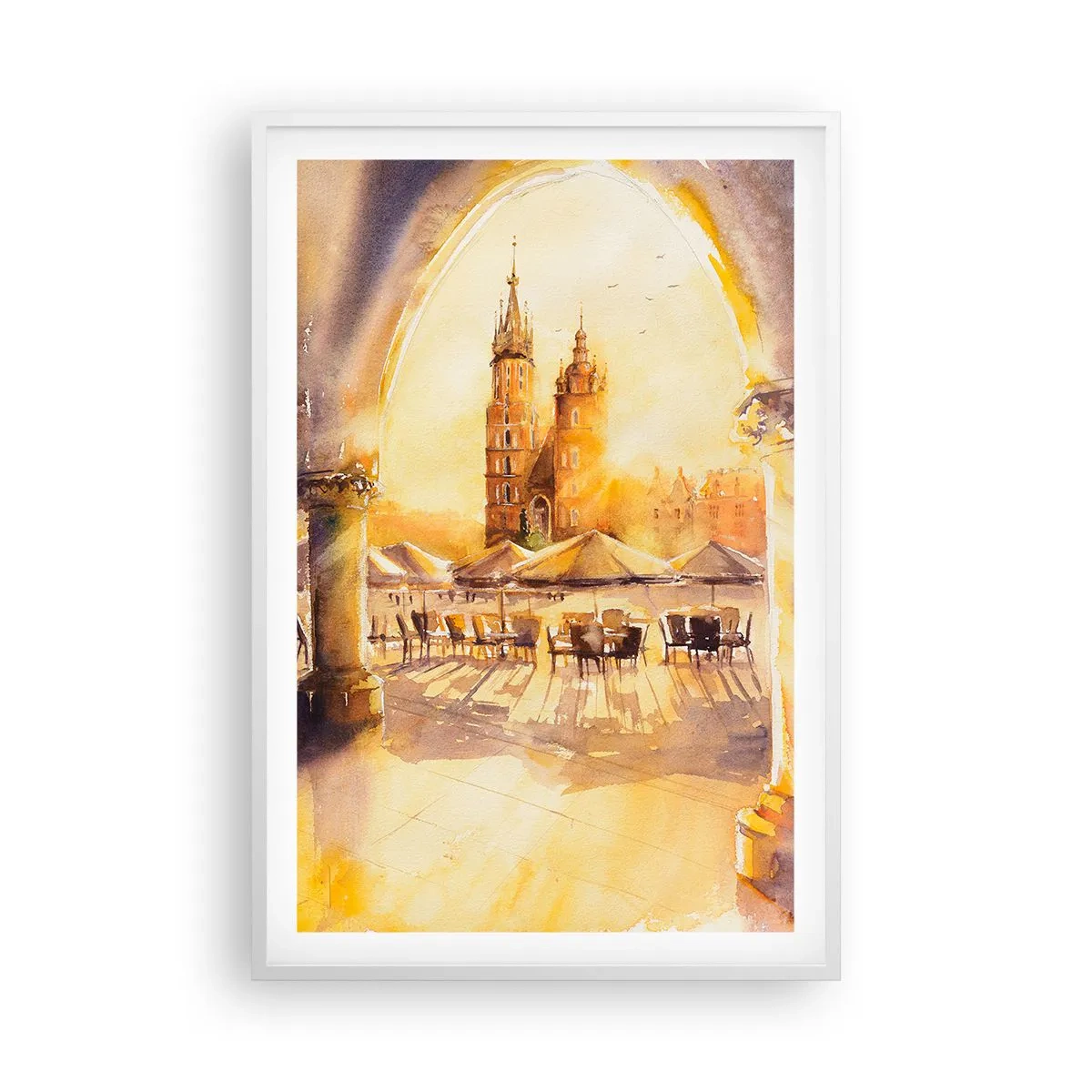 Plakat w białej ramie - Wschód nad krakowskim rynkiem - 61x91 cm