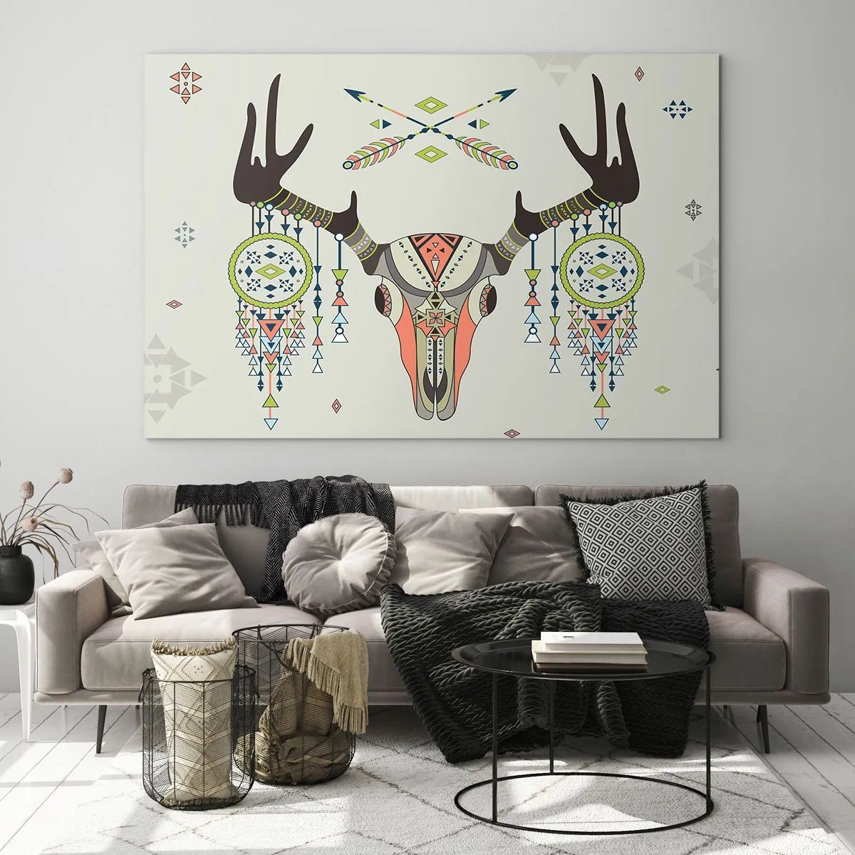Obraz na szkle - Symboliczne rogi i wzory indiańskie na jasnym tle - 100x70cm - Trofeum indiańskiego łowcy - Nowoczesna dekoracja ścienna do salonu, kuchni i sypialni ARTTOR