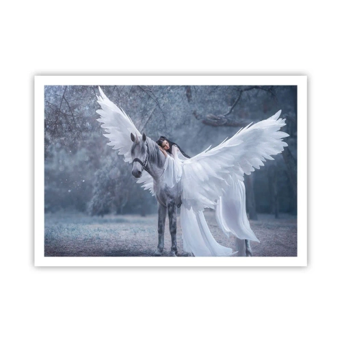 Plakat - Kobieta na białym koniu ze skrzydłami w magicznym lesie - 100x70cm - Natchniona chwila - Nowoczesna dekoracja ścienna do salonu i sypialni ARTTOR