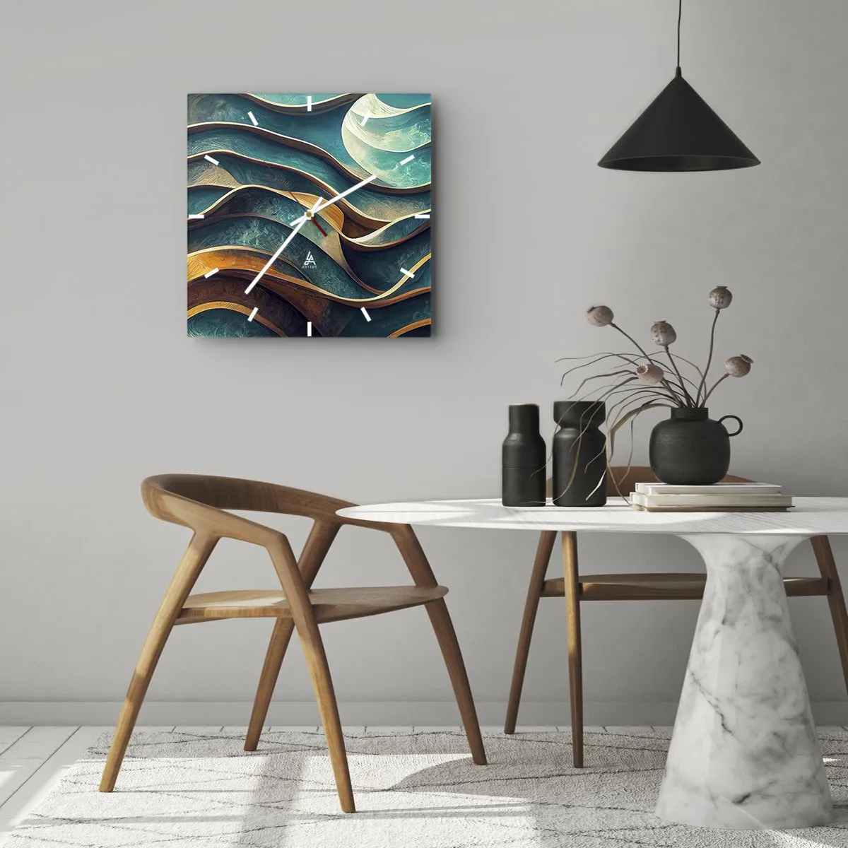 Zegar ścienny - Abstrakcyjne fale w odcieniach turkusu i złota - 30x30cm - Meandry błękitu - Nowoczesna dekoracja ścienna do salonu i sypialni ARTTOR