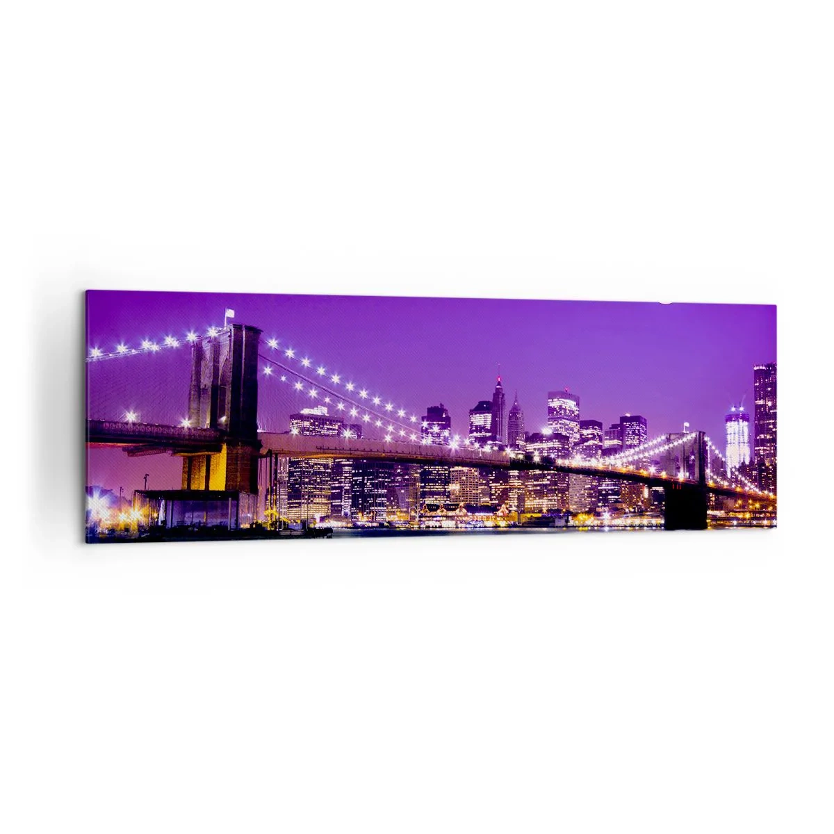 Obraz na płótnie - Brooklyn Bridge nocą z podświetlonym miastem i pełnią księżyca - 160x50cm - Światła wielkiego miasta we fiolecie - Nowoczesna dekoracja ścienna do salonu i sypialni ARTTOR