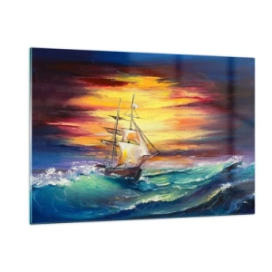 Obraz na szkle - Statek na wzburzonym morzu o zachodzie słońca - 120x80cm - Dzielnie pod fale - Nowoczesna dekoracja ścienna do salonu, kuchni i sypialni ARTTOR