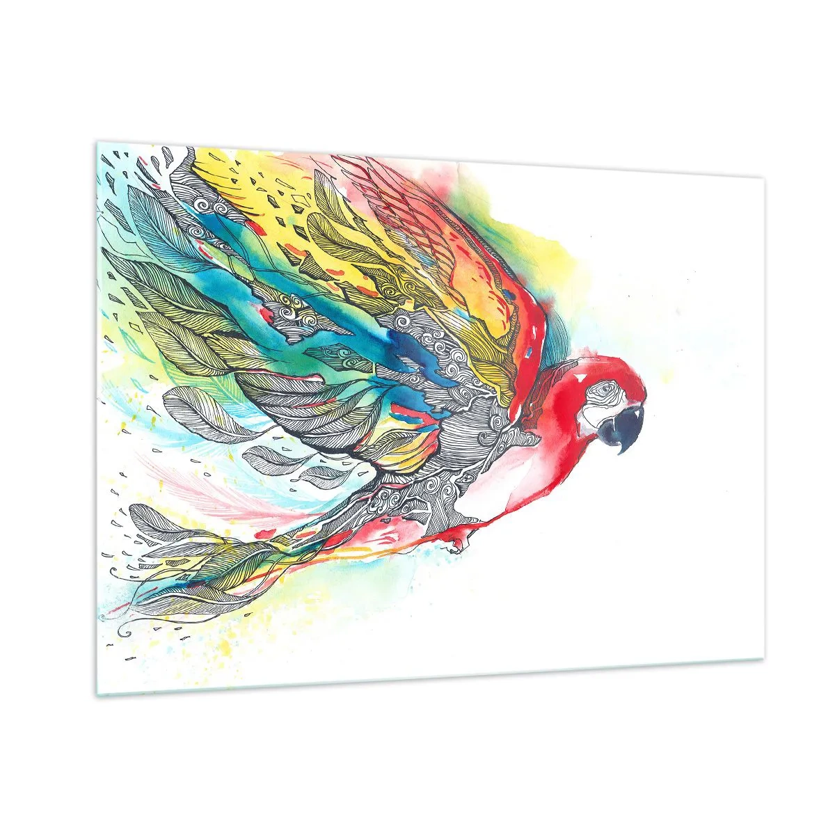 Obraz na szkle - Kolorowa papuga z artystycznymi skrzydłami i detalami - 100x70cm - Żyj kolorowo - Nowoczesna dekoracja ścienna do salonu, kuchni i sypialni ARTTOR