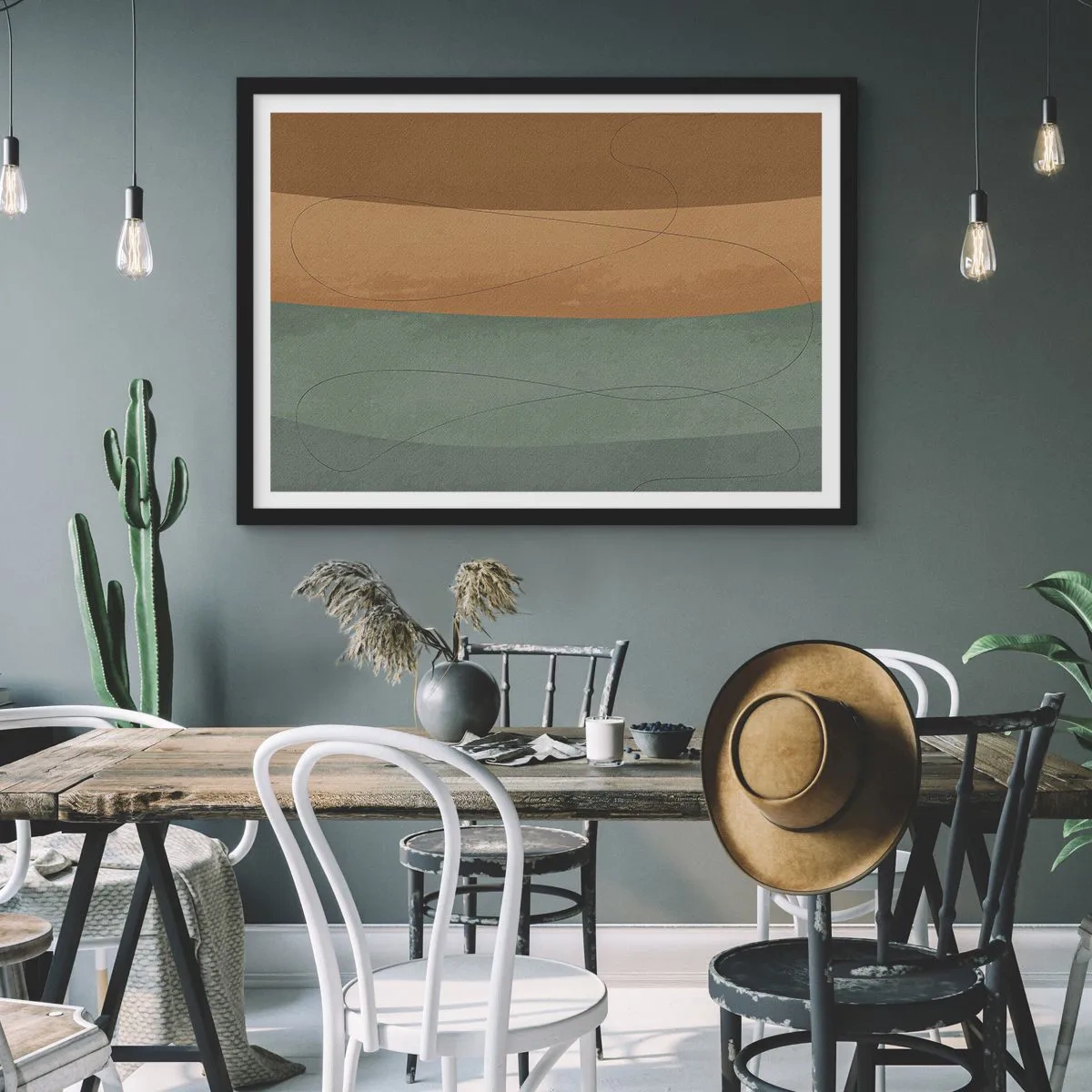Plakat w czarnej ramie - Abstrakcyjna kompozycja w naturalnych odcieniach ziemi - 70x50cm - Kompozycja horyzontalna - Nowoczesna dekoracja ścienna do salonu i sypialni ARTTOR