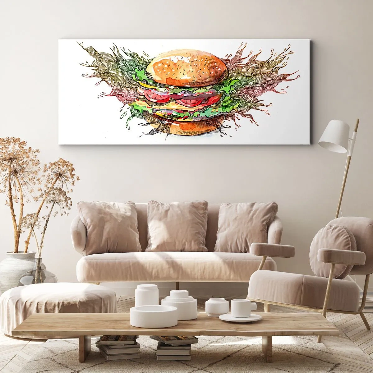 Obraz na płótnie - Artystyczna ilustracja burgera z dynamicznymi elementami - 160x50cm - Gorąca pokusa - Nowoczesna dekoracja ścienna do salonu i sypialni ARTTOR