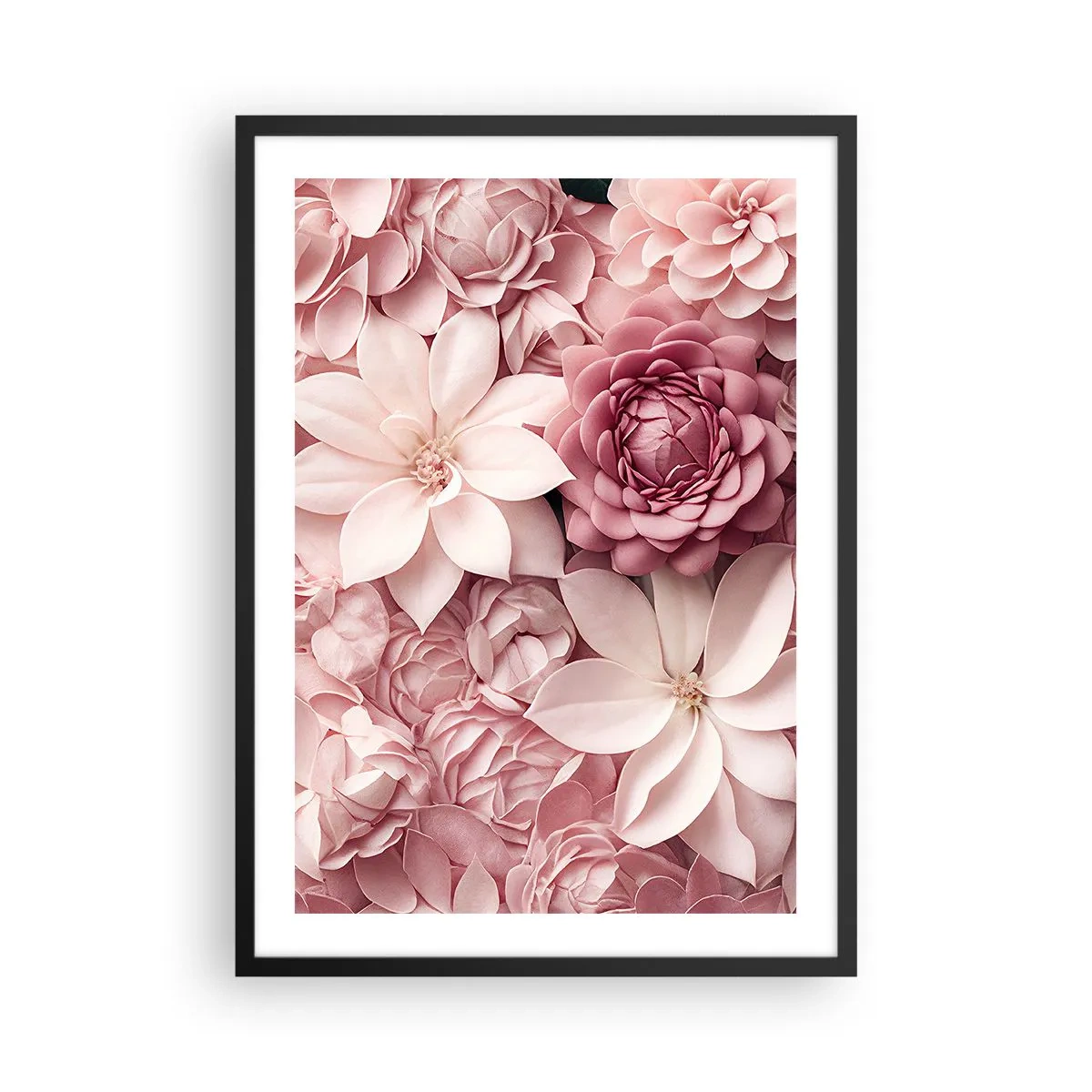 Plakat w czarnej ramie - Różowe kwiaty w eleganckiej kompozycji - 50x70cm - W różowych płatkach - Nowoczesna dekoracja ścienna do salonu i sypialni ARTTOR