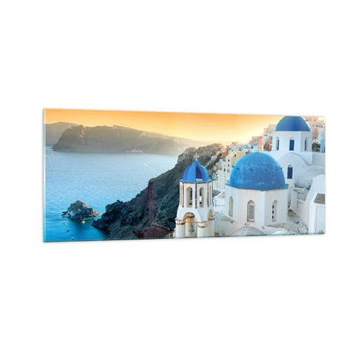 Obraz na szkle - Santorini - przytulone do skał - 100x40 cm