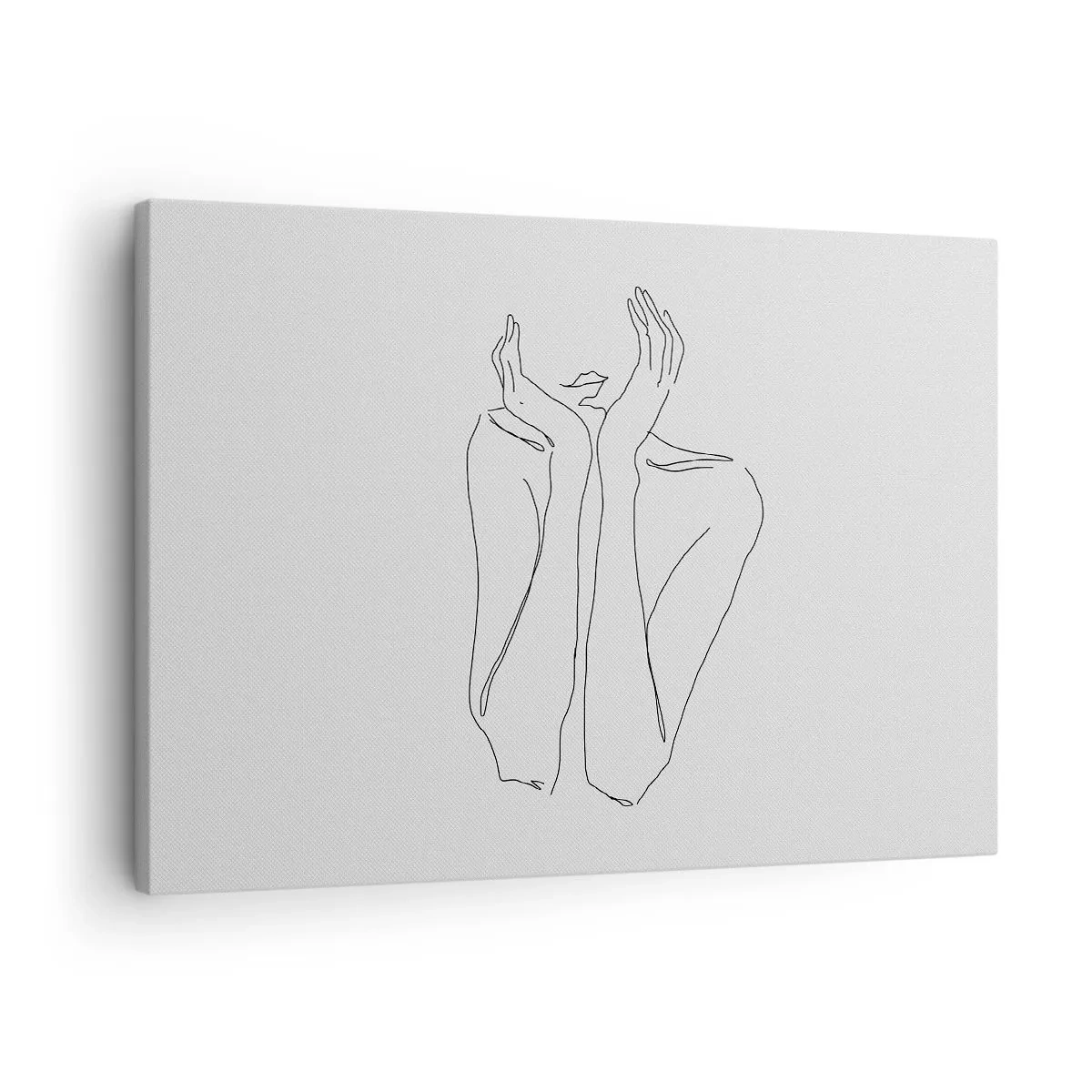 Obraz na płótnie - Minimalistyczny rysunek twarzy i dłoni linią - 70x50cm - O czym marzą dziewczyny - Nowoczesna dekoracja ścienna do salonu i sypialni ARTTOR