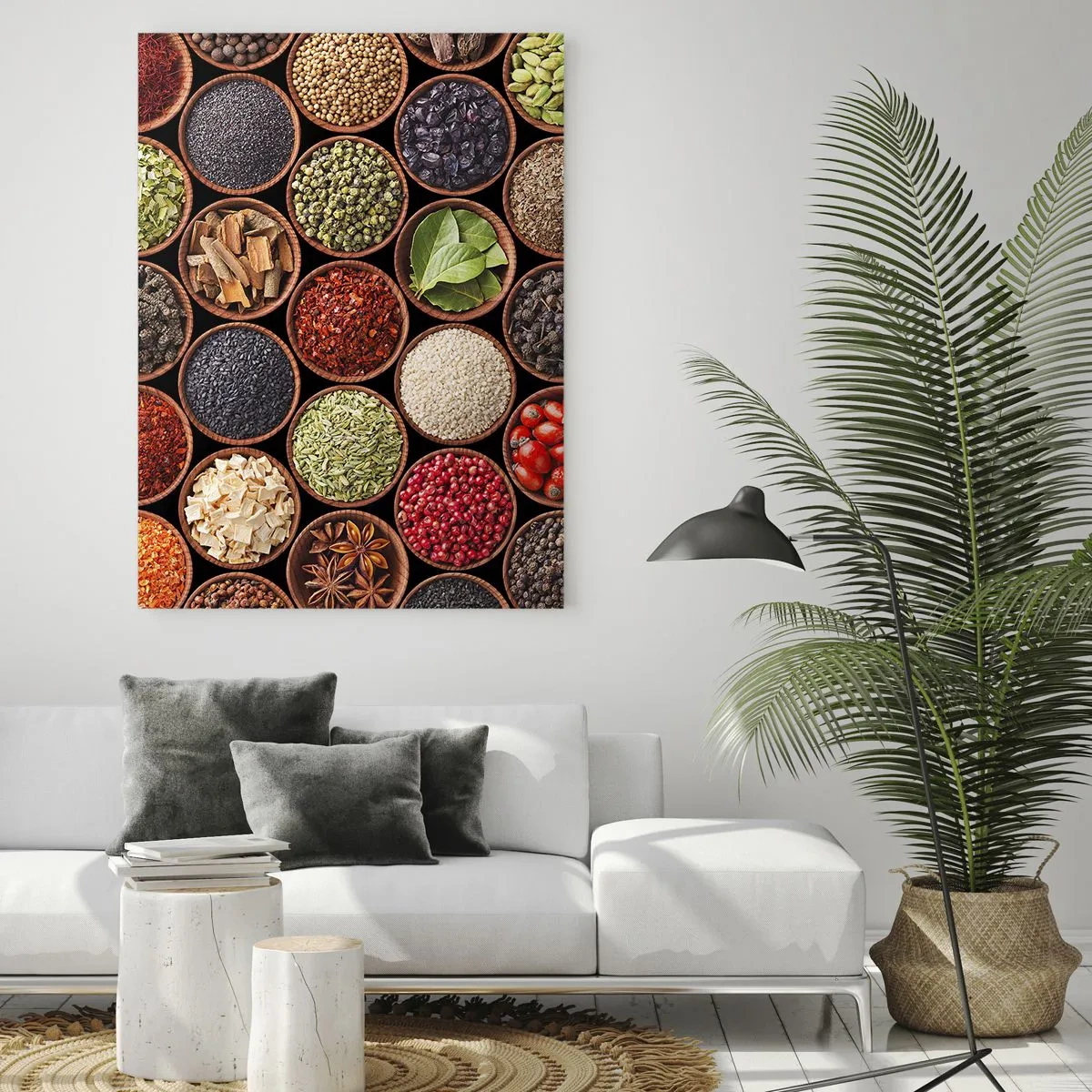 Obraz na szkle - Kompozycja różnorodnych przypraw w drewnianych miseczkach - 50x70cm - Wszystkie smaki świata - Nowoczesna dekoracja ścienna do salonu, kuchni i sypialni ARTTOR