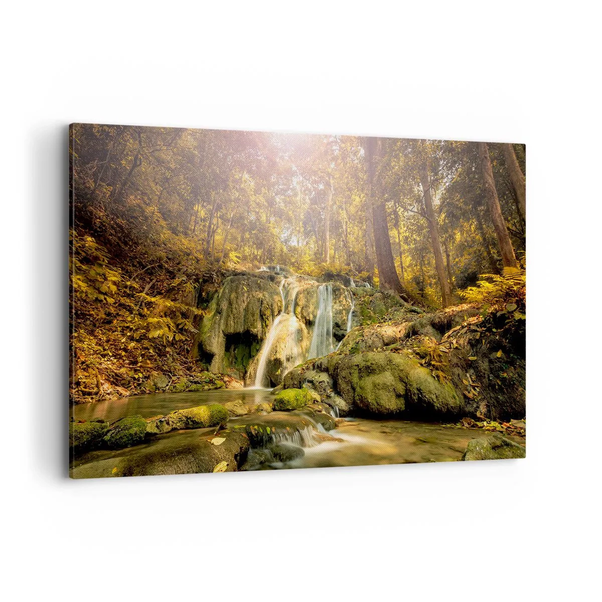 Obraz na płótnie - Leśny wodospad w promieniach słońca otoczony zielenią - 120x80cm - Leśna kaskada w zieleni - Nowoczesna dekoracja ścienna do salonu, kuchni i sypialni ARTTOR