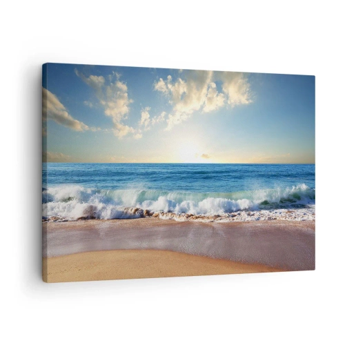Obraz na płótnie - Słoneczna plaża z falami rozbijającymi się o brzeg - 70x50cm - Ruch i bezruch zarazem - Nowoczesna dekoracja ścienna do salonu i sypialni ARTTOR