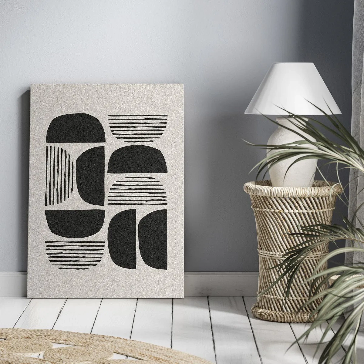 Obraz na płótnie - Geometria z półkolami i liniami w czerni na jasnym tle - 80x120cm - Połowiczne układy - Nowoczesna dekoracja ścienna do salonu i sypialni ARTTOR