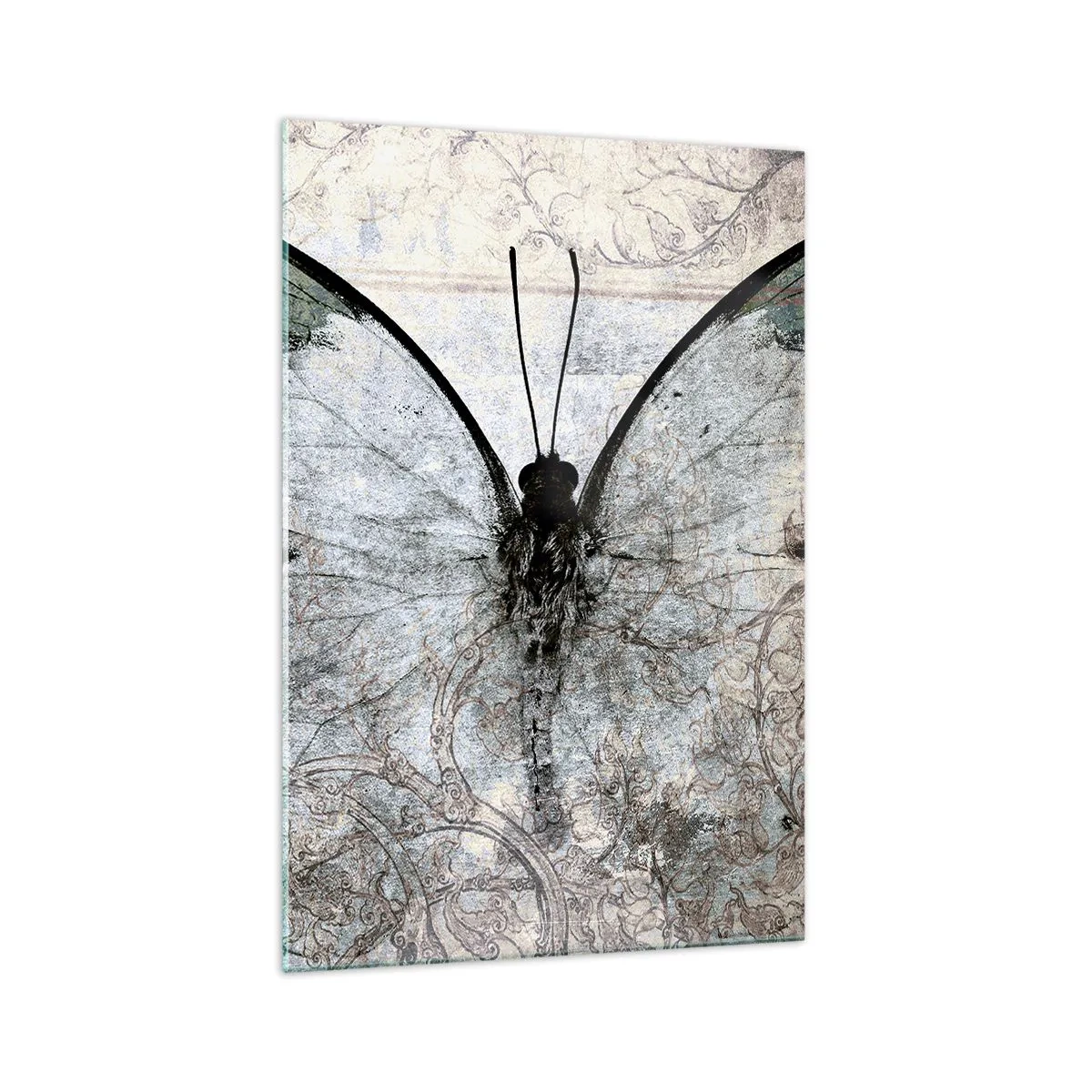 Obraz na szkle - Motyl w odcieniach zieleni i szarości na ozdobnym tle - 70x100cm - W secesyjnym stylu - Nowoczesna dekoracja ścienna do salonu i sypialni ARTTOR