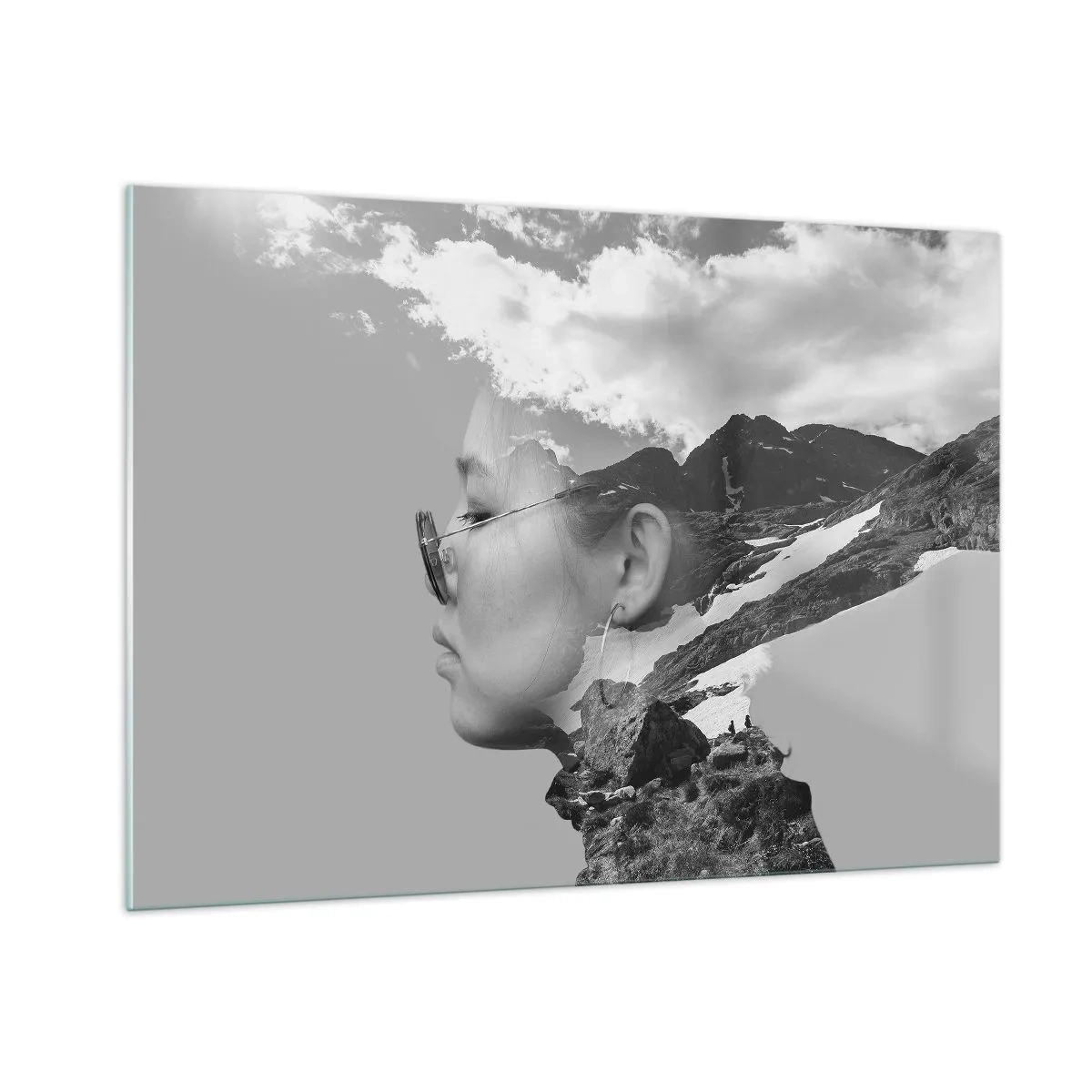 Obraz na szkle - A creative double exposure portrait with a mountain landscape and clouds - 100x70cm - Portret górny i chmurny - Nowoczesna dekoracja ścienna do salonu, kuchni i sypialni ARTTOR