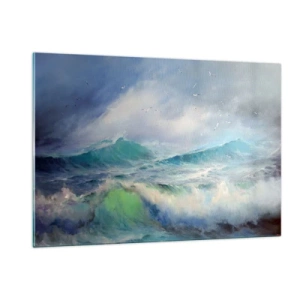 Obraz na szkle - Wzburzone fale oceanu z ptakami na pochmurnym niebie - 120x80cm - "Wicher z tryumfem zawył…' - Nowoczesna dekoracja ścienna do salonu, kuchni i sypialni ARTTOR