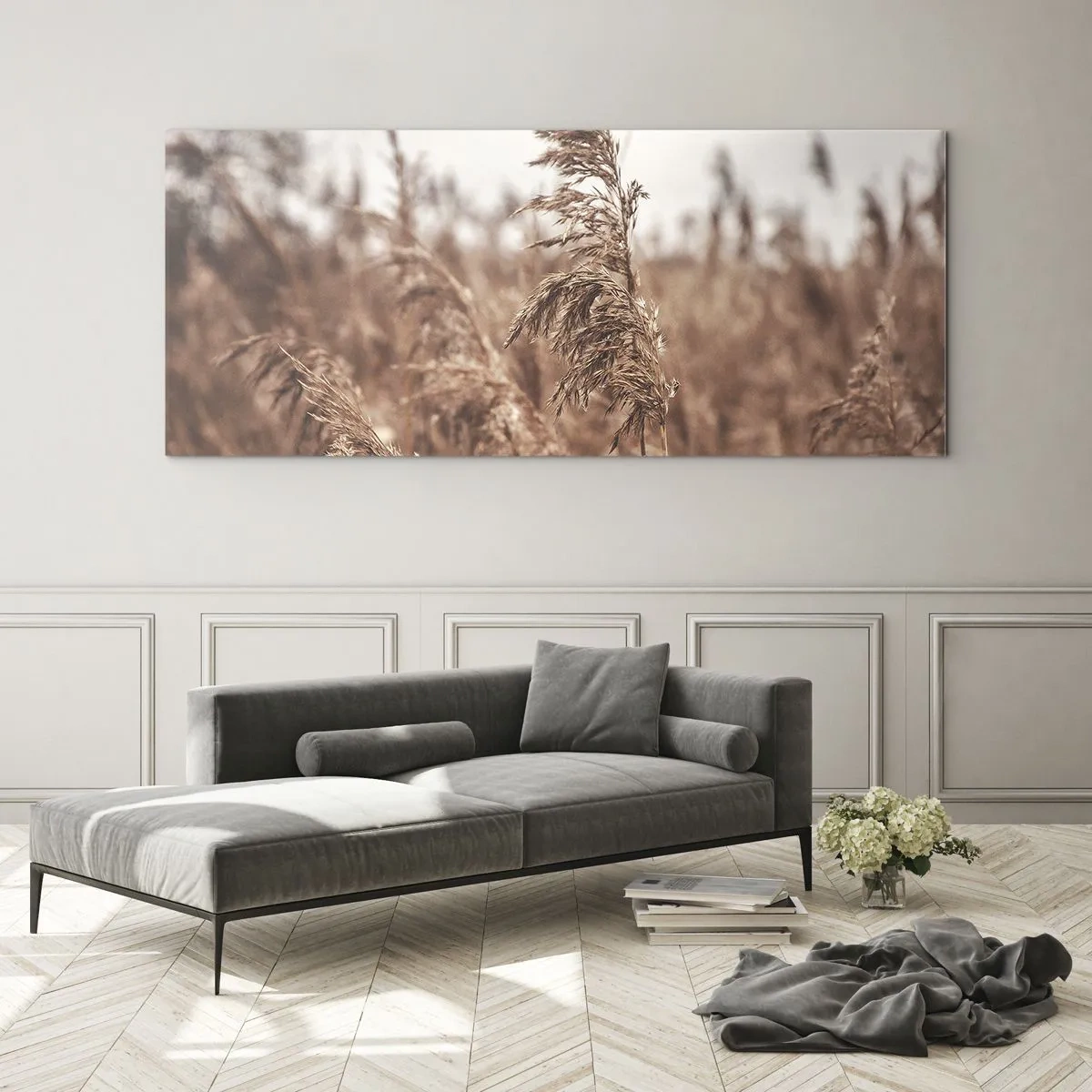Obraz na szkle - Złote trawy na tle jesiennej scenerii - 120x50cm - Na polach już jesień - Nowoczesna dekoracja ścienna do salonu i sypialni ARTTOR
