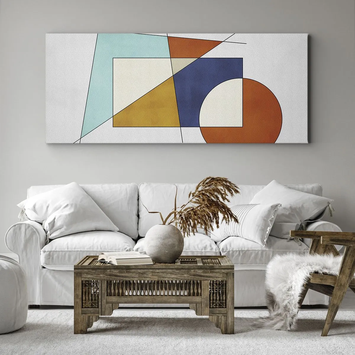 Obraz na płótnie - Modernistyczna kompozycja geometrycznych kształtów i kolorów - 160x50cm - Abstrakcja: modernistyczna zabawa - Nowoczesna dekoracja ścienna do salonu i sypialni ARTTOR