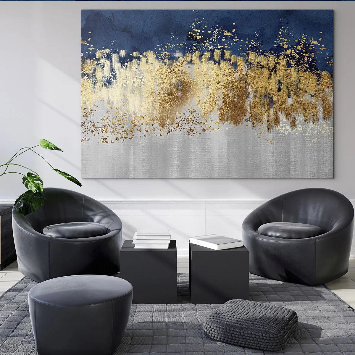 Obraz na szkle - Złote akcenty na granatowym i srebrnym tle - 70x50cm - Nowoczesna kompozycja z błyskiem - Nowoczesna dekoracja ścienna do salonu i sypialni ARTTOR