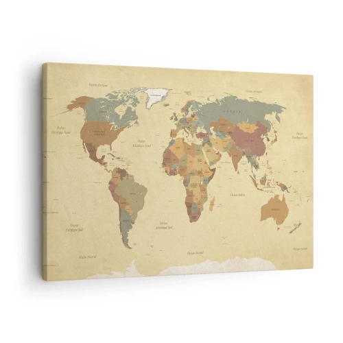 Obraz na płótnie - Stylizowana mapa świata w odcieniach beżu i pastelowych kolorów - 70x50cm - Dla ciebie - cały świat - Nowoczesna dekoracja ścienna do salonu i sypialni ARTTOR