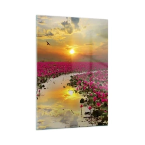 Obraz na szkle - Różowe lilie wodne na jeziorze o zachodzie słońca - 50x70cm - Tajemne życie jeziora - Nowoczesna dekoracja ścienna do salonu, kuchni i sypialni ARTTOR
